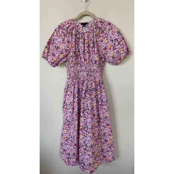 J Crew Puff Sleeve Smocked Midi in Pink Floral Fields Preppy Dress Size L NWT - Picture 2 of 16